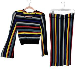 Rachel Roy Rainbow Striped Knit Midi Skirt Top Set S/M Long Sleeve Career Party